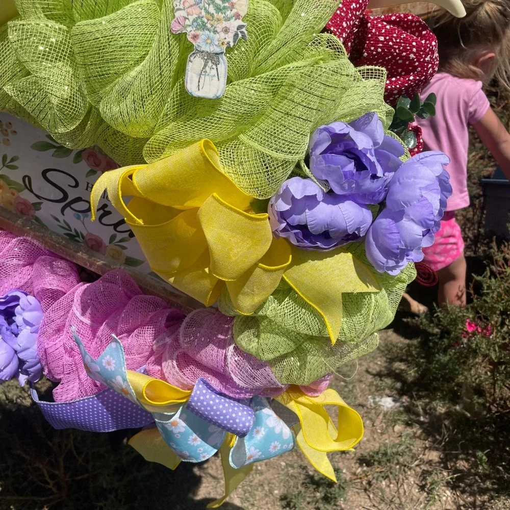 Hello Spring Wreath Door Decor Colorful Floral Flowers Mesh Ribbon‎ Bows